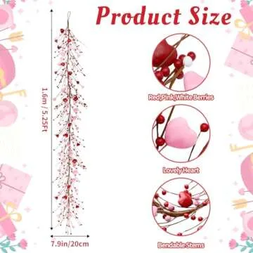 5Ft Valentine’s Day Heart Berry Garland - Artifical Red & Pink Multi-Purpose Heart Garland for Mantel, Table, or Wreath Decor - Romantic Valentine's Day Decorations Indoor