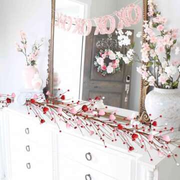 5Ft Valentine’s Day Heart Berry Garland - Artifical Red & Pink Multi-Purpose Heart Garland for Mantel, Table, or Wreath Decor - Romantic Valentine's Day Decorations Indoor