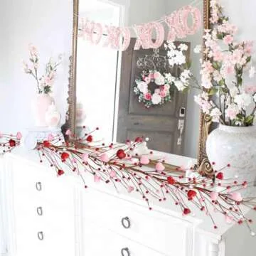 5Ft Valentine’s Day Heart Berry Garland - Artifical Red & Pink Multi-Purpose Heart Garland for Mantel, Table, or Wreath Decor - Romantic Valentine's Day Decorations Indoor