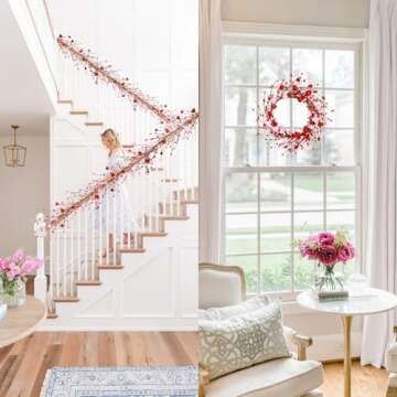 5Ft Valentine’s Day Heart Berry Garland - Artifical Red & Pink Multi-Purpose Heart Garland for Mantel, Table, or Wreath Decor - Romantic Valentine's Day Decorations Indoor