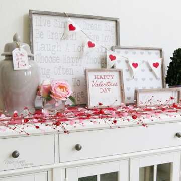 5Ft Valentine’s Day Heart Berry Garland - Artifical Red & Pink Multi-Purpose Heart Garland for Mantel, Table, or Wreath Decor - Romantic Valentine's Day Decorations Indoor