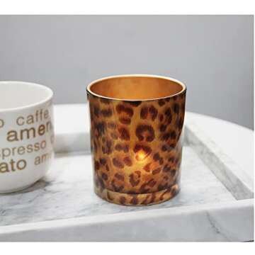 2 Glass Tealight Holder Votive Candle Holder Cups for Christmas Valentines Day Decoration Leopard Pr...