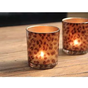 2 Glass Tealight Holder Votive Candle Holder Cups for Christmas Valentines Day Decoration Leopard Print Cheetah Tea Light Candle Holders for Home Decor Table Décor, Women Bedroom Tea Light Holder