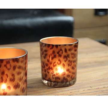 2 Glass Tealight Holder Votive Candle Holder Cups for Christmas Valentines Day Decoration Leopard Print Cheetah Tea Light Candle Holders for Home Decor Table Décor, Women Bedroom Tea Light Holder