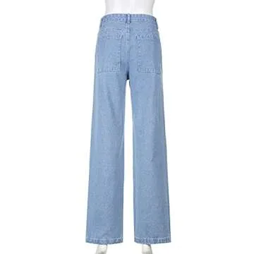 Women's Y2K Fashion Wide Leg High Waist Cargo Jeans Loose Fit Boyfriend Denim Pants with Pockets Blue