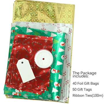 WesGen Christmas Gift Bags, 40Pcs Santa Wrapping Gift Bag in 4 Sizes and 4 Designs, with Ribbon Ties...