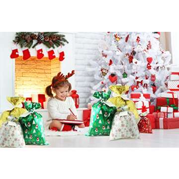 WesGen Christmas Gift Bags, 40Pcs Santa Wrapping Gift Bag in 4 Sizes and 4 Designs, with Ribbon Ties and Tags