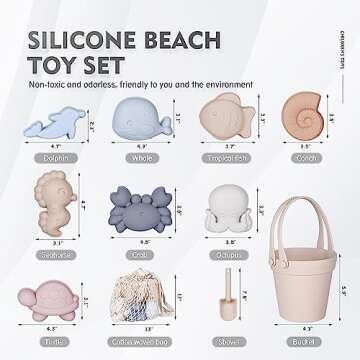 MarcZero 11Pcs Silicone Beach Toys,Modern Baby Beach Toys,Travel Friendly Beach Set,Silicone Bucket, Shovel, 8 Sand Molds, Beach Bag,Silicone Sand Toys for Toddlers, Kids (Begie)