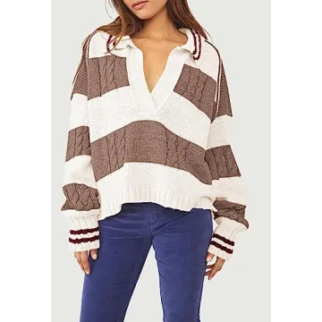 Meenew Women's V Neck Striped Knit Pullover Sweater