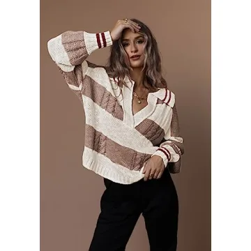 Meenew Women's V Neck Striped Knit Pullover Sweater