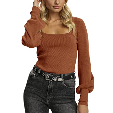 Imily Bela Women's Square Neck Long Sleeve Sweaters - Red Brick Casual Ribbed Knit Fitted Pullover T...