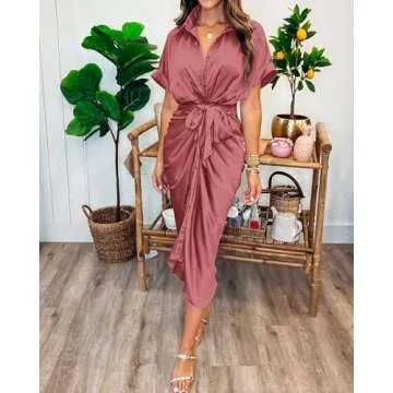 BTFBM 2025 Women Button Down Ruched Shirt Dresses Short Sleeve Lapel V Neck Elegant Party Spring Summer Maxi Satin Dress(Short Sleeve Dusty Pink, Small)