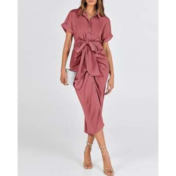 BTFBM 2025 Women Button Down Ruched Shirt Dresses Short Sleeve Lapel V Neck Elegant Party Spring Summer Maxi Satin Dress(Short Sleeve Dusty Pink, Small)