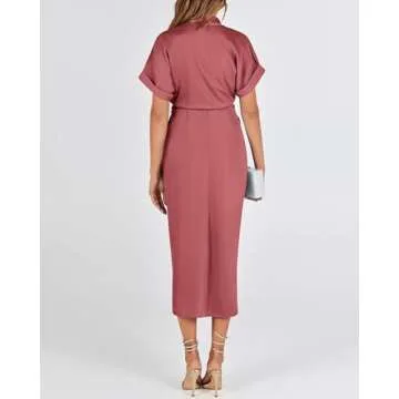 BTFBM 2025 Women Button Down Ruched Shirt Dresses Short Sleeve Lapel V Neck Elegant Party Spring Summer Maxi Satin Dress(Short Sleeve Dusty Pink, Small)