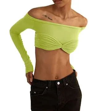 Women’s Crop Tops Sexy Knit Mesh Sheer See Through Off Shoulder Long Sleeve t Slim Fit Y2K Crop Tops Skinny Club Party Shirts (as1, Alpha, m, Regular, Regular, Green)