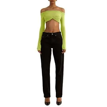 Women’s Crop Tops Sexy Knit Mesh Sheer See Through Off Shoulder Long Sleeve t Slim Fit Y2K Crop Tops Skinny Club Party Shirts (as1, Alpha, m, Regular, Regular, Green)