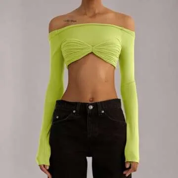 Women’s Crop Tops Sexy Knit Mesh Sheer See Through Off Shoulder Long Sleeve t Slim Fit Y2K Crop Tops Skinny Club Party Shirts (as1, Alpha, m, Regular, Regular, Green)