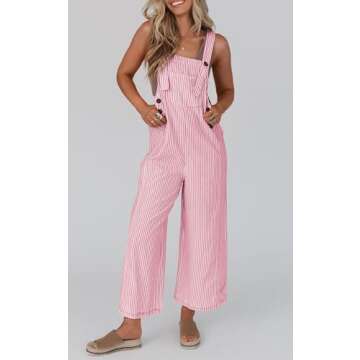 PRETTYGARDEN Overall Jumpsuit For Women 2025 Summer Casual Wide Leg Sleeveless Button Striped Jumpsu...