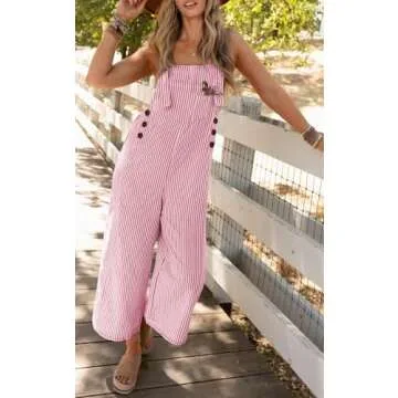 PRETTYGARDEN Overall Jumpsuit For Women 2025 Summer Casual Wide Leg Sleeveless Button Striped Jumpsuits Cute Romper Trendy Outfits (Pink Striped,XXL)