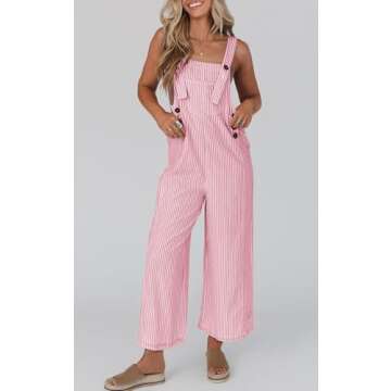 PRETTYGARDEN Overall Jumpsuit For Women 2025 Summer Casual Wide Leg Sleeveless Button Striped Jumpsuits Cute Romper Trendy Outfits (Pink Striped,XXL)