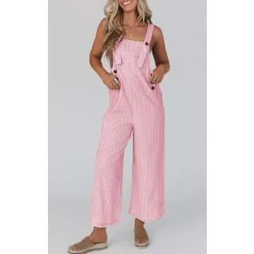 PRETTYGARDEN Overall Jumpsuit For Women 2025 Summer Casual Wide Leg Sleeveless Button Striped Jumpsuits Cute Romper Trendy Outfits (Pink Striped,XXL)