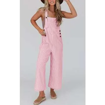 PRETTYGARDEN Overall Jumpsuit For Women 2025 Summer Casual Wide Leg Sleeveless Button Striped Jumpsuits Cute Romper Trendy Outfits (Pink Striped,XXL)