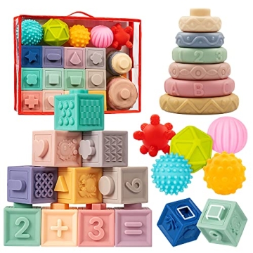 Jyusmile 3 IN 1 Soft Baby Toy Set for Infants 6-12 Months - Montessori Stacking Blocks & Sensory Bal...