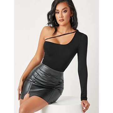 WDIRARA Women's One Shoulder Cutout Long Sleeve Elegant Skinny Bodysuit Black S