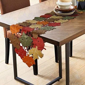 OWENIE Fall Table Runner – 70 Inches Long, Embroidered Brown Harvest Maple Leaves Table Decor