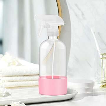 Rionisor Glass Spray Bottles with Silicone Sleeve Protection, Empty 16 oz Refillable Containers, Reusable Spray Bottles with Adjustable Nozzle for Hair, Cleaning Solutions, 1 Pack Pink
