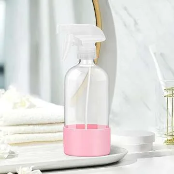 Rionisor Glass Spray Bottles with Silicone Sleeve Protection, Empty 16 oz Refillable Containers, Reusable Spray Bottles with Adjustable Nozzle for Hair, Cleaning Solutions, 1 Pack Pink