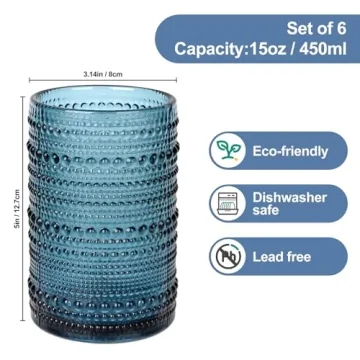 ZMOWIPDL Vintage Glassware Drinking Glasses Set of 6,15 oz Hobnail Glass Cups,Embossed Blue Water Tumbler,for Beer,Cocktail,Whiskey,Juice and Various Mixed Drinks- 1 Cleaning Brush