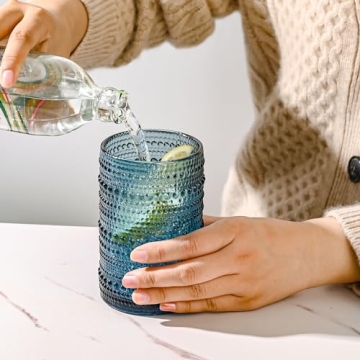 ZMOWIPDL Vintage Glassware Drinking Glasses Set of 6,15 oz Hobnail Glass Cups,Embossed Blue Water Tumbler,for Beer,Cocktail,Whiskey,Juice and Various Mixed Drinks- 1 Cleaning Brush