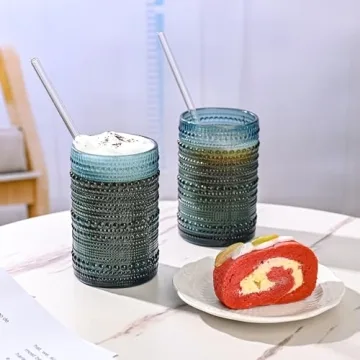 ZMOWIPDL Vintage Glassware Drinking Glasses Set of 6,15 oz Hobnail Glass Cups,Embossed Blue Water Tumbler,for Beer,Cocktail,Whiskey,Juice and Various Mixed Drinks- 1 Cleaning Brush