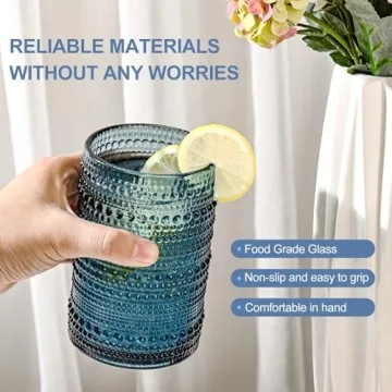 ZMOWIPDL Vintage Glassware Drinking Glasses Set of 6,15 oz Hobnail Glass Cups,Embossed Blue Water Tumbler,for Beer,Cocktail,Whiskey,Juice and Various Mixed Drinks- 1 Cleaning Brush