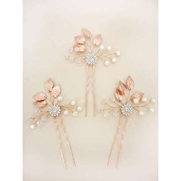 Aegenacess Set of 3 Wedding Hair Pins Leaf Rhinestones Boho Clips for Brides and Bridesmaids (Rose Gold)