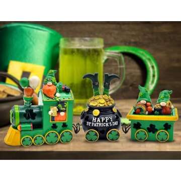 Hexagram St Patricks Day Decorations, Lighted St Patricks Day Gnomes Decor, Saint Patrick Decorations for Table, Home, Tabletop, Party Decorative Ireland Centerpiece Leprechaun Figurines Train
