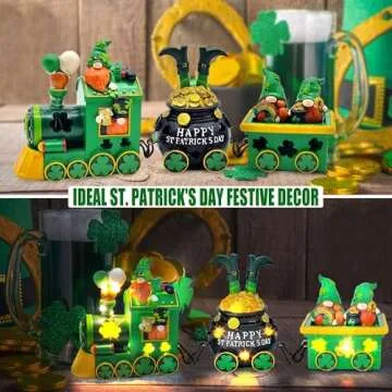 Hexagram St Patricks Day Decorations, Lighted St Patricks Day Gnomes Decor, Saint Patrick Decorations for Table, Home, Tabletop, Party Decorative Ireland Centerpiece Leprechaun Figurines Train