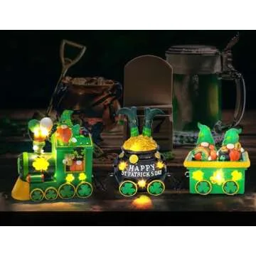 Hexagram St Patricks Day Decorations, Lighted St Patricks Day Gnomes Decor, Saint Patrick Decorations for Table, Home, Tabletop, Party Decorative Ireland Centerpiece Leprechaun Figurines Train