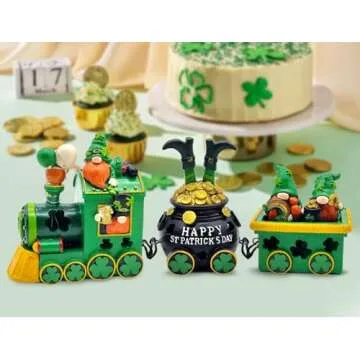 Hexagram St Patricks Day Decorations, Lighted St Patricks Day Gnomes Decor, Saint Patrick Decorations for Table, Home, Tabletop, Party Decorative Ireland Centerpiece Leprechaun Figurines Train
