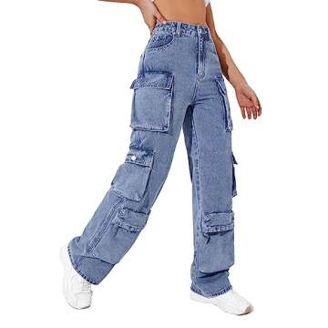 SweatyRocks Women's Casual High Waist Flap Pockets Cargo Jeans Baggy Straight Leg Denim Pants Light Wash L