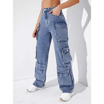 SweatyRocks Women's Casual High Waist Flap Pockets Cargo Jeans Baggy Straight Leg Denim Pants Light Wash L