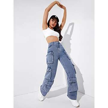 SweatyRocks Women's Casual High Waist Flap Pockets Cargo Jeans Baggy Straight Leg Denim Pants Light Wash L