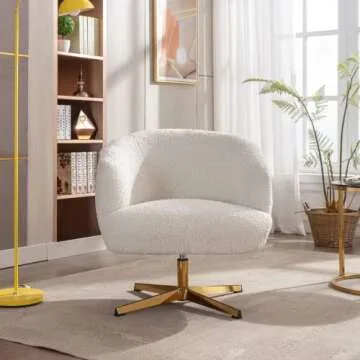 LukeAlon Modern Swivel Single Sofa Chair, Contemporary Faux Fur Living Room Chair with Metal Base Leisure Round Back Accent Chair Elegant Barrel Chair for Bedroom Office, White