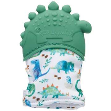 Itzy Ritzy Silicone Teething Mitt - Soothing Infant Teething Mitten w/Adjustable Strap, Crinkle Sound, Textured Silicone, Soothes Sore & Swollen Gums, Baby Teething Toy for 3 Mos & Up, Green Dinosaur