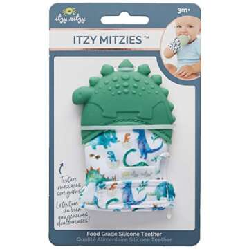 Itzy Ritzy Silicone Teething Mitt - Soothing Infant Teething Mitten w/Adjustable Strap, Crinkle Sound, Textured Silicone, Soothes Sore & Swollen Gums, Baby Teething Toy for 3 Mos & Up, Green Dinosaur