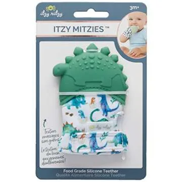 Itzy Ritzy Silicone Teething Mitt - Soothing Infant Teething Mitten w/Adjustable Strap, Crinkle Sound, Textured Silicone, Soothes Sore & Swollen Gums, Baby Teething Toy for 3 Mos & Up, Green Dinosaur