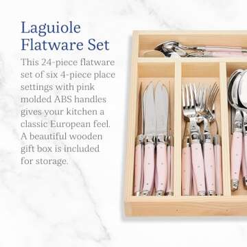 Jean Dubost Laguiole 24-Piece Everyday Flatware Set, Pink Handles - Rust-Resistant Stainless Steel -...