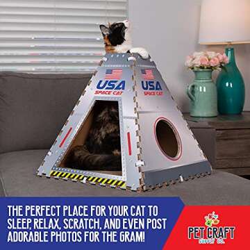 Pet Craft Supply Space House Corrugated Cardboard Cat House Condo Tent Hideaway Cave Furniture Playhouse with Scratching Board and Catnip & Silvervine Blend Scratcher for Kittens and Adult Cats