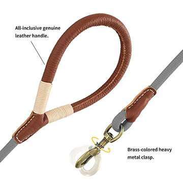 Mile High Life Dog Leash | Strong Rope Dog Leash w Premium Leather Tailor Handle | 4 Feet Dog Leash w Heavy Duty Clasp | Gray Rope Leash for Small Medium Large Dogs | Diameter 1/2"
